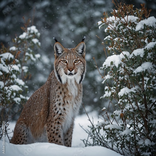 A lynx staring intensely from behind a snowy bush.
