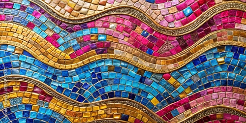 Close-Up Vibrant Mosaic: Flowing Pink, Blue, Gold Waves - Decorative Art Background