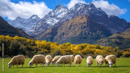 Sheep grazing in a meadow, autumn foliage, and snow-capped mountains.