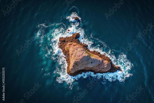 Aerial rocky outcropping ocean seaweed waves water light photo