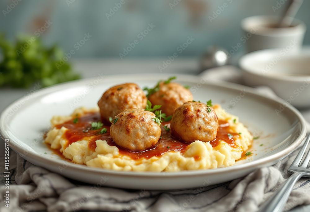 a plate with cooked chicken meatballs on top of mashed potatoes a plate with cooked chicken meatballs on top of mashed potatoes