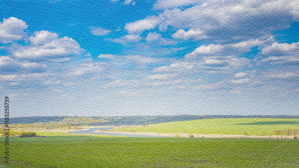 Fototapeta premium Beautiful blue sky with a few clouds and a green field