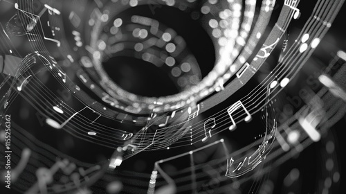 closeupA dynamic wireframe mesh composition of musical notes and sound waves, capturing the energy and flow of music  ,Sound-Engineer photo