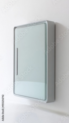 Modern medicine cabinet hanging on white wall in bathroom