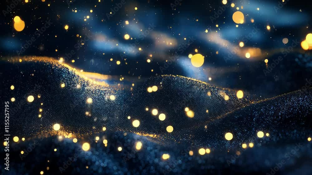 Vibrant gold particles suspended in a dark blue abstract background, illuminated by defocused golden lights, creating a dazzling festive bokeh effect. Holiday concept.