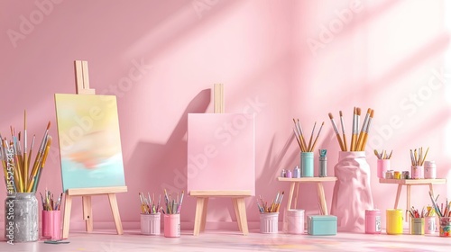Contemporary art room showcasing pastel pink walls, minimalist easels, and vibrant art supplies adding a creative touch. photo