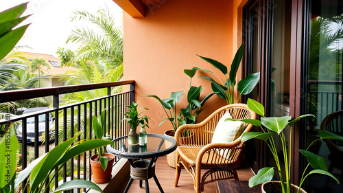 Tropical-themed balcony with a small table, rattan chair, and green plants. Generative AI photo