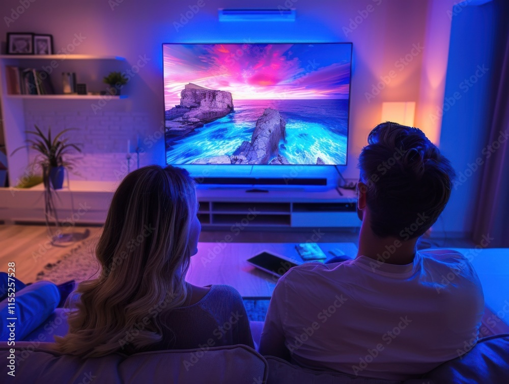A young couple relaxes on a sofa, watching a vivid ocean sunset on a large television. The room is softly lit with a cozy ambiance.
