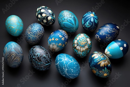 A Beautifully Colorful Display of Easter Eggs, Each One Carefully Designed and Arranged with Creativity and Care on a Dark Background, Creating a Stunning Visual Effect for the Festive Season photo