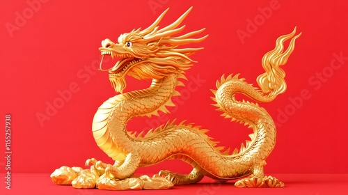 Wallpaper Mural A golden dragon statue on a red background, isolated on white Torontodigital.ca