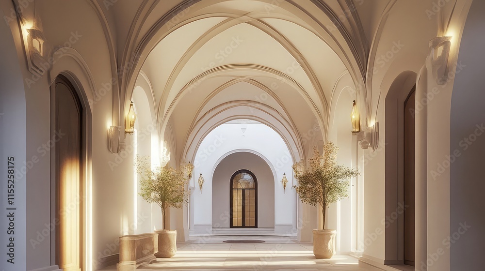 Obraz premium Entryway with a Spanish white barrel-vaulted ceiling and artistic archways for elegance