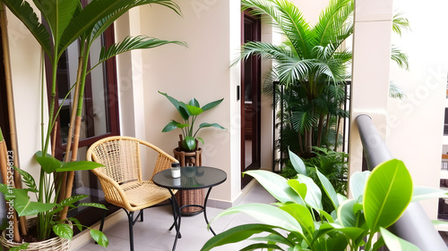 Tropical-themed balcony with a small table, rattan chair, and green plants. Generative AI photo