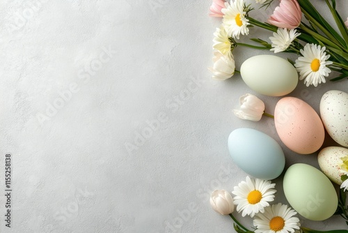 A beautiful arrangement of pastel Easter eggs elegantly surrounded by delicate flowers on a light and cheerful background, capturing the essence of springtime celebrations and family gatherings