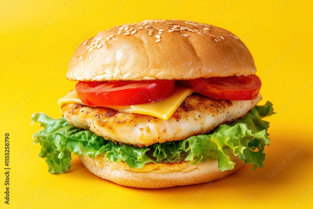 Delicious fish burger with tomatoes, cheese slices and fresh lettuce on yellow and red background Delicious fish burger with tomatoes, cheese slices and fresh lettuce on yellow and red background