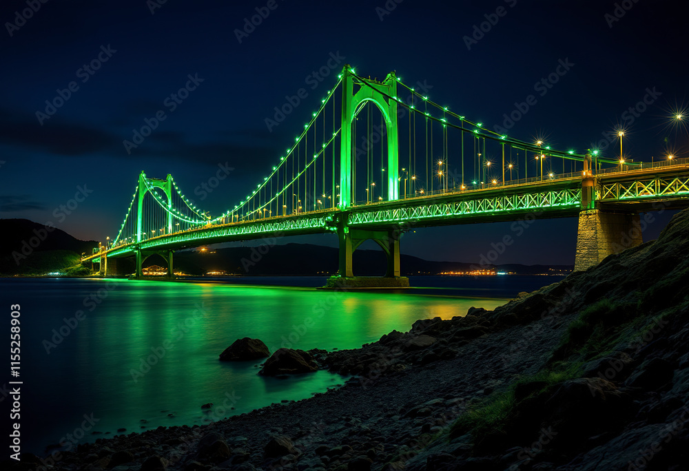Naklejka premium A large illuminated bridge over a body of water at night, with the bridge structure lit up in green lights against a dark sky