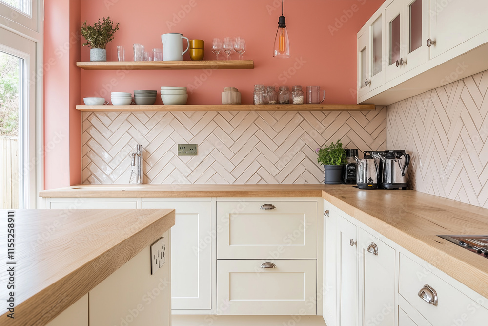 A minimal Scandinavian kitchen with cabinets and a warm wooden countertop, complemented by natural wood shelves A minimal Scandinavian kitchen with cabinets and a warm wooden countertop, complemented by natural wood shelves