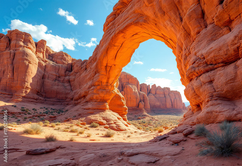 A large natural sandstone arch in a desert landscape, with rugged red rock formations and a clear blue sky in the background