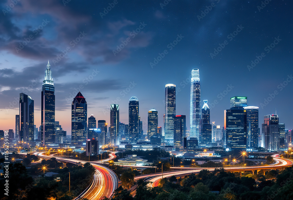 Naklejka premium A modern city skyline at night with tall skyscrapers and illuminated highways in the foreground