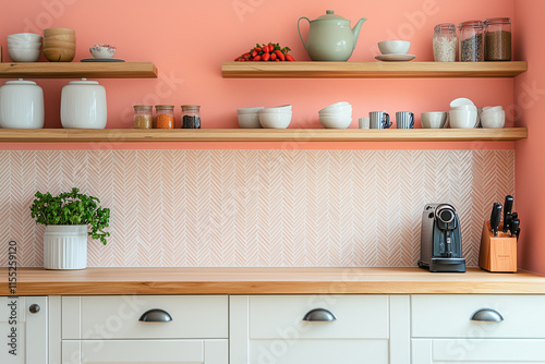  A minimal Scandinavian kitchen with cabinets and a warm wooden countertop, complemented by natural wood shelves