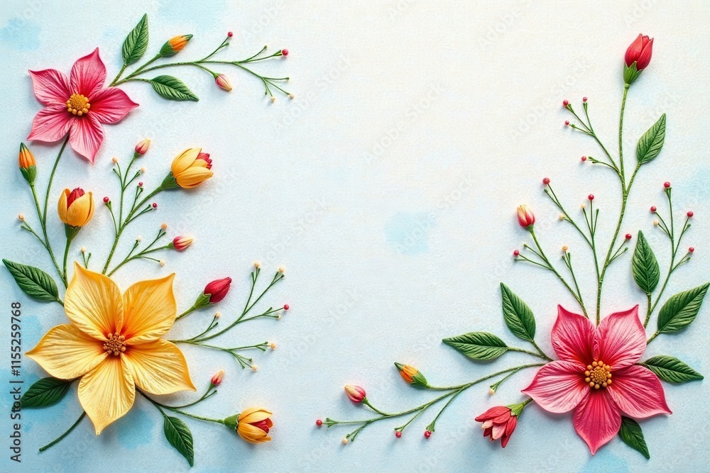 Fototapeta premium Elegant Floral Arrangement with Delicate Paper Flowers on a Light Blue Background