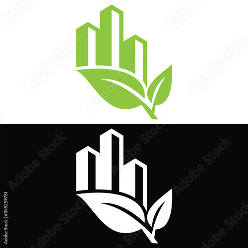 green city skyline Real estate  Eco building logo  Nature real estate logo leaf logo Home icon skyscraper graphic design template vector