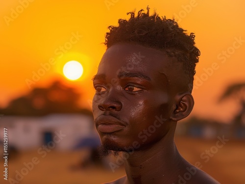Portrait of a young man with rich skin tone posing outdoors against a stunning sunset backdrop, evoking a calm and contemplative mood.