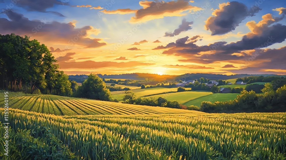 Stunning Digital Painting: Vibrant Sunset Over Rolling Fields. AI Generated Stunning Digital Painting: Vibrant Sunset Over Rolling Fields. AI Generated