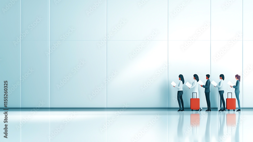 Fototapeta premium Travelers waiting in line with luggage at modern airport terminal