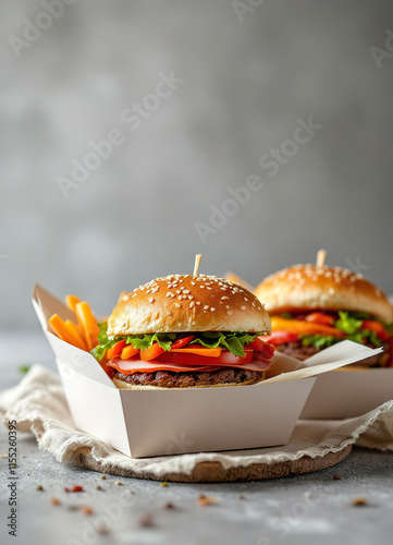 Homemade mini burgers with ham, tomato, carrot, fresh salad served in old white wooben box on gray background.