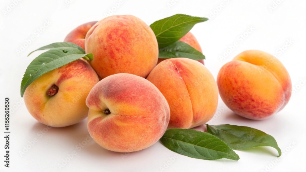 peaches with leaves highlighted on white or clear. Dietary nutrition, vegetarianism peaches with leaves highlighted on white or clear. Dietary nutrition, vegetarianism