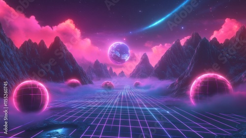 Retro Futuristic Landscape: Neon Grid Road Through Pink Mountains and Glowing Spheres Under a Vivid Sky