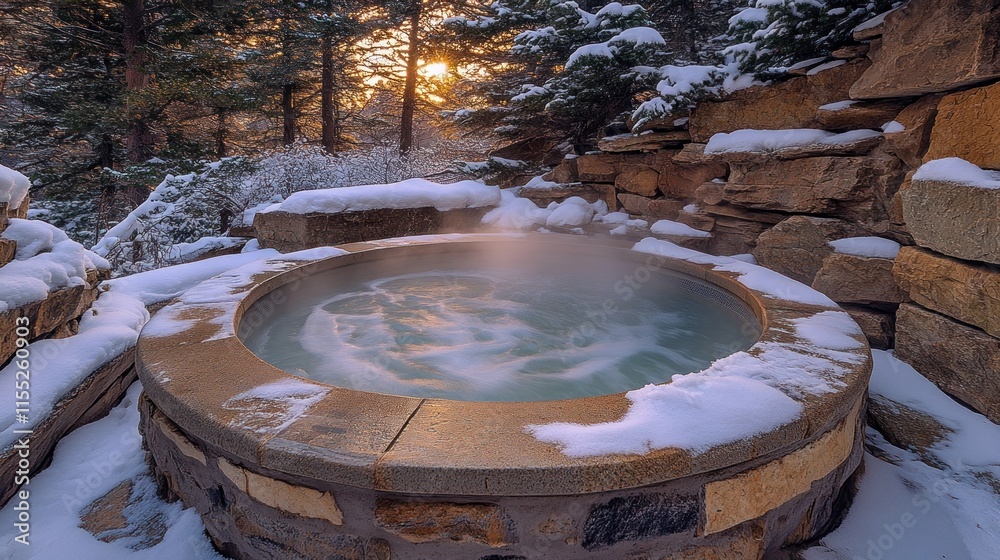 Snowy hot tub in a winter landscape at sunrise. Snowy hot tub in a winter landscape at sunrise.