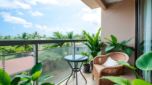 Tropical-themed balcony with a small table, rattan chair, and green plants. Generative AI photo