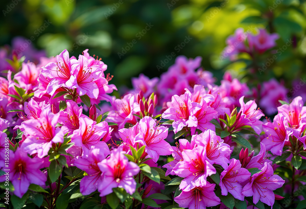 A field of vibrant purple and pink azalea flowers in bloom, with a lush green foliage background A field of vibrant purple and pink azalea flowers in bloom, with a lush green foliage background