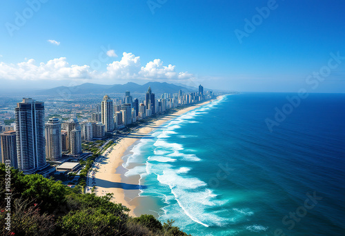 A coastal city skyline with high-rise buildings and skyscrapers along a sandy beach, with the ocean and clear blue sky in the background