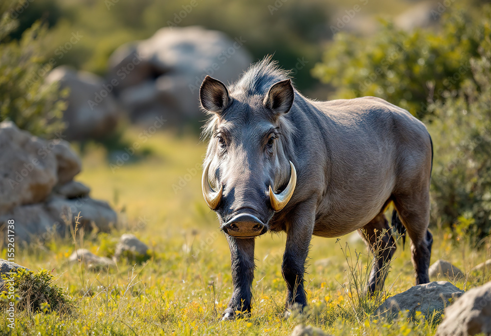 A large gray warthog standing in a grassy field with rocks and bushes in the background A large gray warthog standing in a grassy field with rocks and bushes in the background