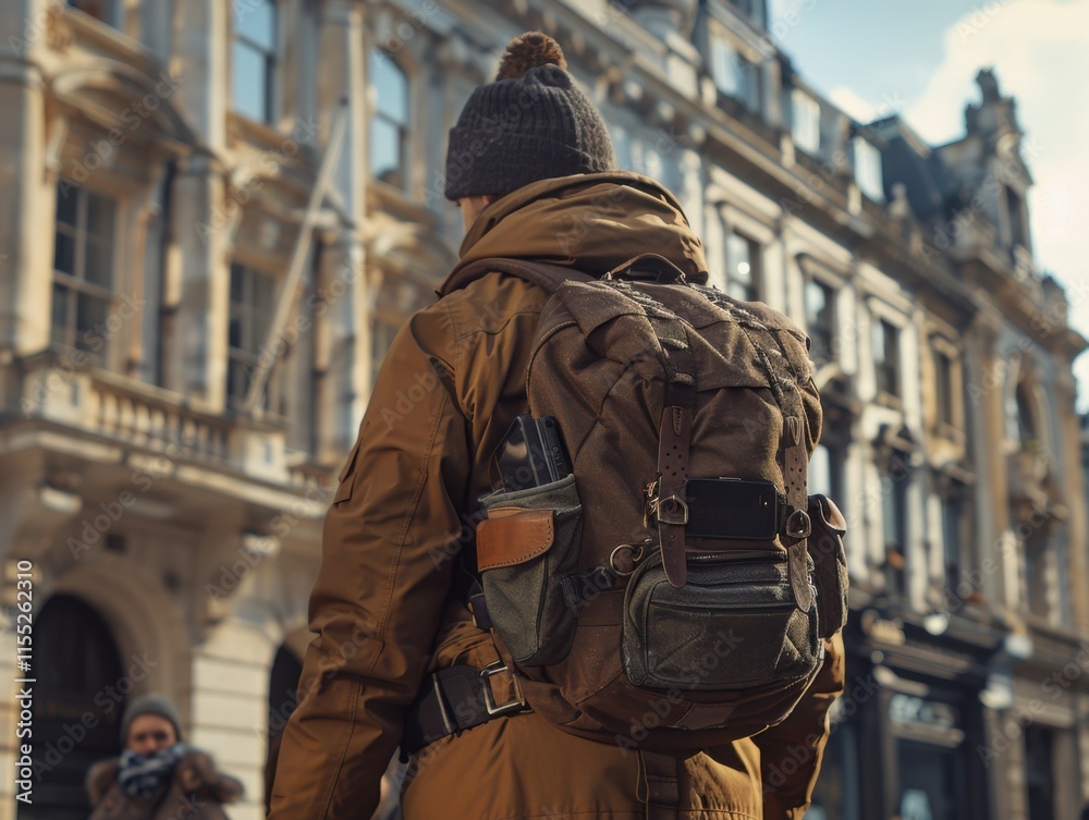 A person in a brown jacket and beanie stands on a city street with a mobile phone visible in their backpack pocket. The background shows classic buildings under a cloudy sky. A person in a brown jacket and beanie stands on a city street with a mobile phone visible in their backpack pocket. The background shows classic buildings under a cloudy sky.