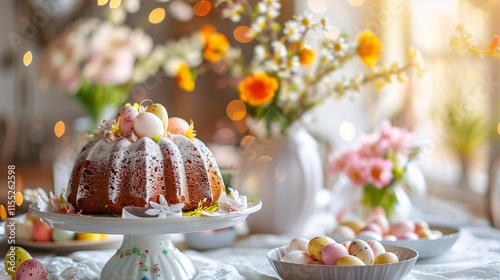 Easter cake with festive mood decorated with eggs against indoor background