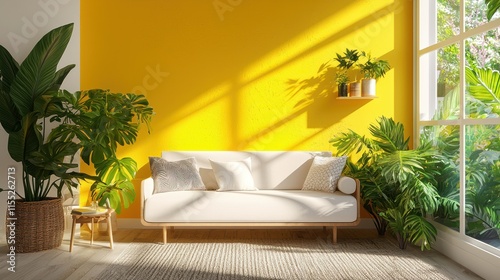 Bright and airy lounge featuring a sunny yellow accent wall, simple furniture, and vibrant houseplants adding life to the space. photo