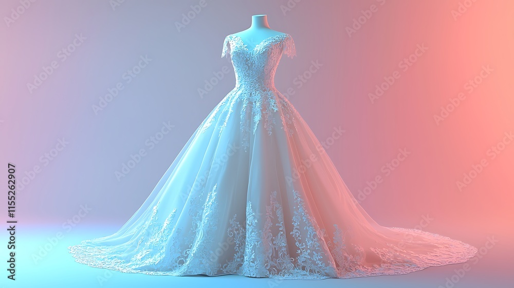 Obraz premium Elegant Lace Wedding Gown Displayed on Mannequin