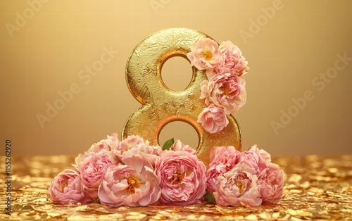 A luxurious number 8 composed of roses and peonies, set against a golden gradient background for 8 Ð¼Ð????‚Ð? photo