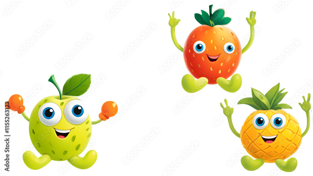 Obraz premium Three cute cartoon fruits apple, strawberry, pineapple, with happy expressions and arms raised.