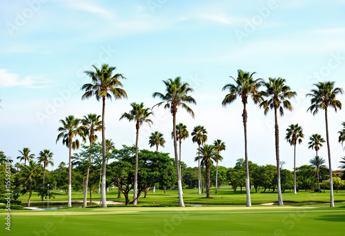 Green lawn and palm trees on a golf course