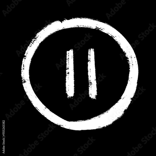 White painted pause button symbol inside a circle on black background.