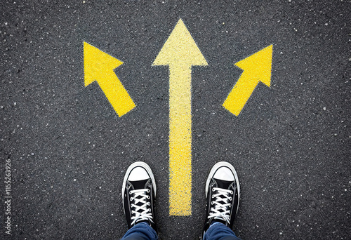 Sneakers shoes and arrows pointing in different directions on asphalt floor, life and studies choice for young people concept