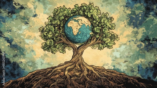 Hand-drawn illustration of a tree with roots shaped like Eartha??s continents photo