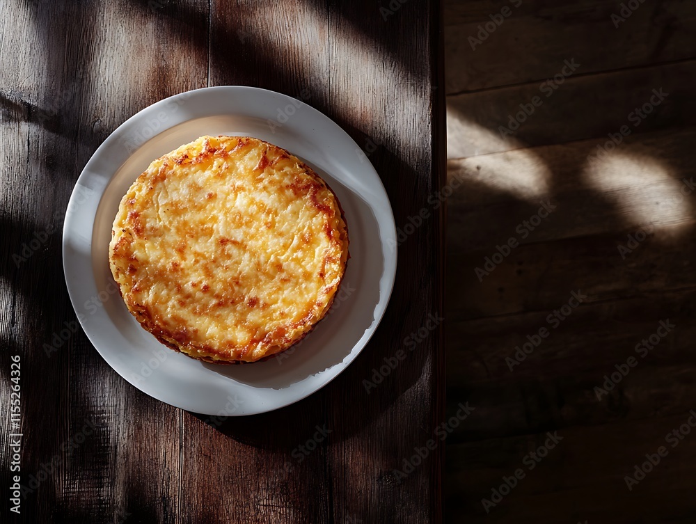 Overhead Photo: Golden-Brown Cheese Tortilla, Beautifully Plated on Rustic Wood. AI Generated Overhead Photo: Golden-Brown Cheese Tortilla, Beautifully Plated on Rustic Wood. AI Generated