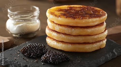 Stack of potato pancakes with caviar and sour cream. photo