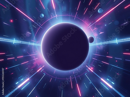 Vibrant Digital Painting: Planet Emerging from Neon Space Tunnel. AI Generated photo