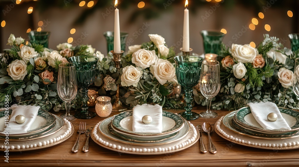 Elegant Christmas dinner table setting with green and gold details, candles, and flowers. Elegant Christmas dinner table setting with green and gold details, candles, and flowers.